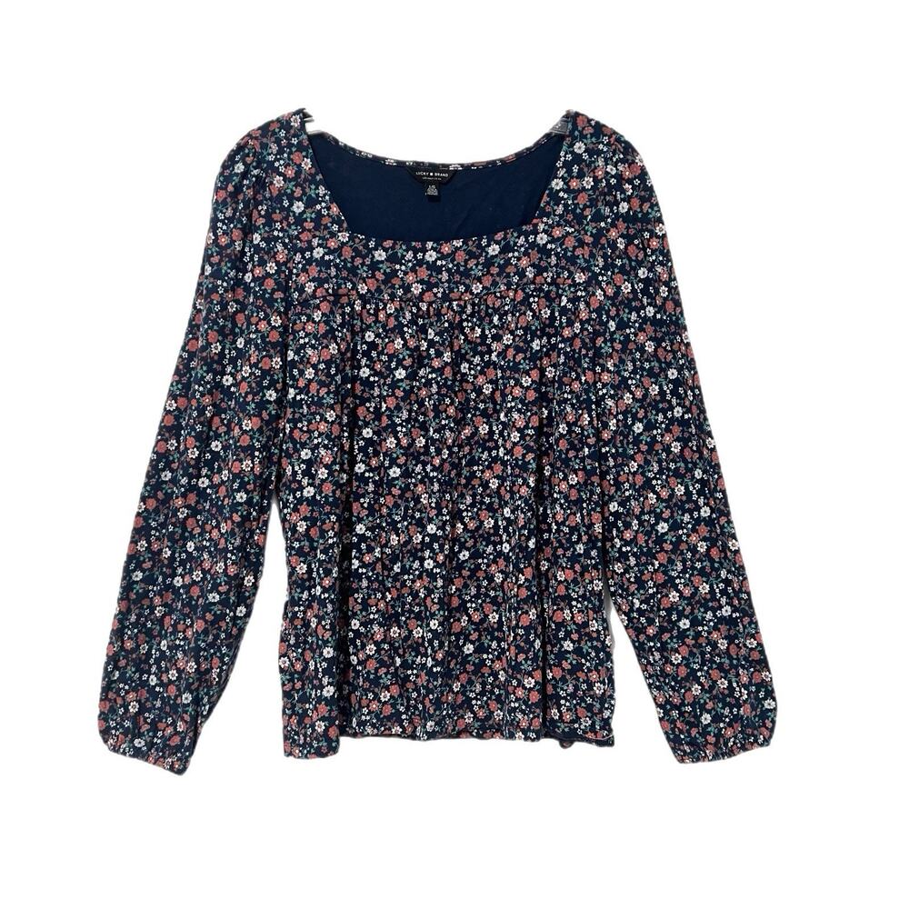 Lucky Brand Women Top Large Ditsy Floral Blue Boho Popover Peasant Dark Romantic
